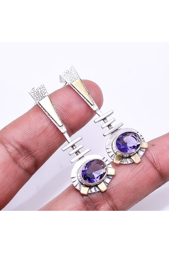 Iolite Gemstone 925 Sterling Silver Handmade Two Tone Earring 1.95" E51