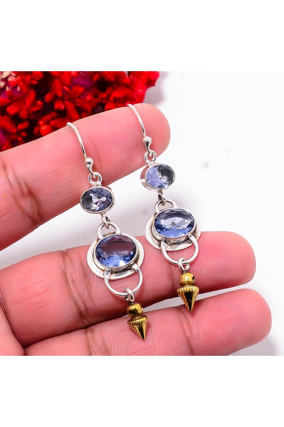 Iolite Gemstone 925 Sterling Silver Two Tone Arrow Head Earring 2.34" E10284, Christmas Gift