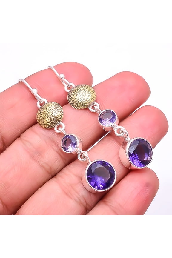 Iolite Gemstone 925 Sterling Silver Two Tone Earring 2.15" E_9520_422_37, New Year Sale, Valentin's Day Gift