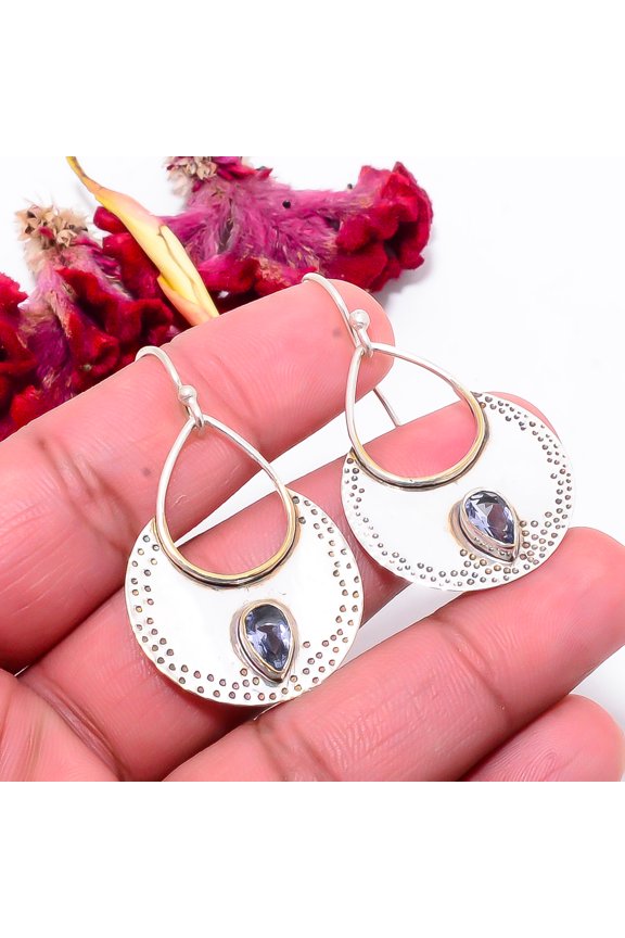 Iolite Gemstone Designer Handmade 925 Sterling Silver Earring 1.87" Sku23, Handmade Jewelry, Dangle Earring