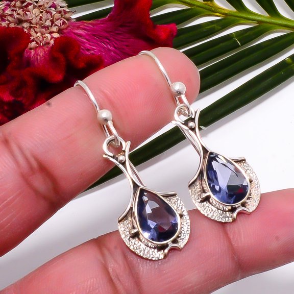 Iolite Oxidised Gemstone Designer Handmade 925 Sterling Silver Earring 1.64" Sku4, Vivid Blue Earring, Simulated Gemstone Earring