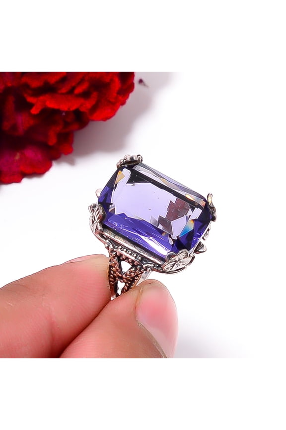 Iolite Solitaire Gemstone Handmade 925 Sterling Silver Ring S.8 R9682, Christmas Gift