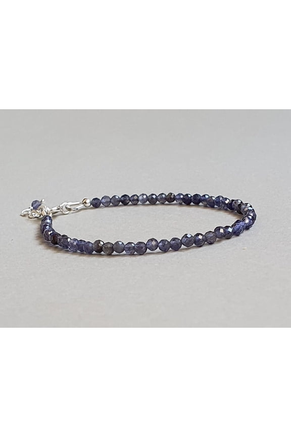 Iolite Water Sapphire 3mm Rondelle Shape Faceted Cut Beads 7 inch Adjustable Silver Plated Clasp Bracelet for men, women, unisex. Link Chain Stacking Bracelet.|LINK_03914