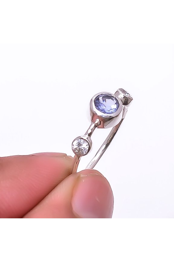 Iolite & White Topaz Gemstone 925 Sterling Silver Jewelry Ring s.7.5 Sku29, Vivid Blue Ring, Gemstone Ring