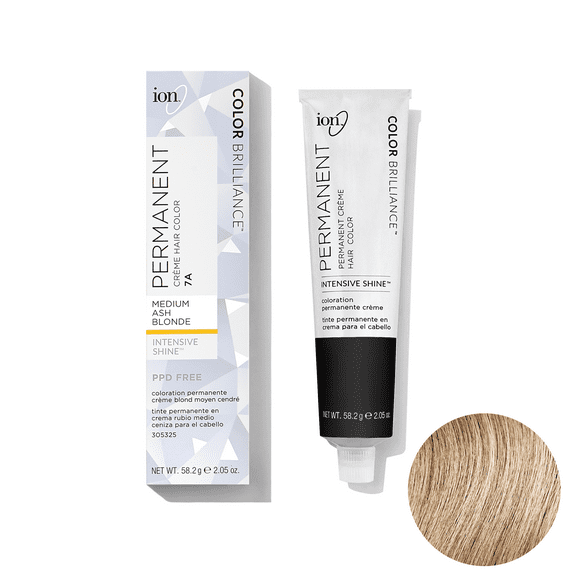 Ion Permanent Creme Hair Color7A Medium Ash Blonde, Vegan, Cruelty Free, PPD Free, 100% Gray Coverage, Long Lasting, Fade Resistant Color, 2.05 oz