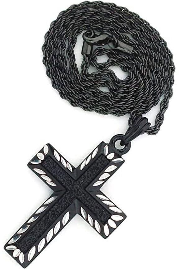 Ion Black Tone Brush Matt Finish Black Cross Pendant Necklace Free 24" Rope chain,