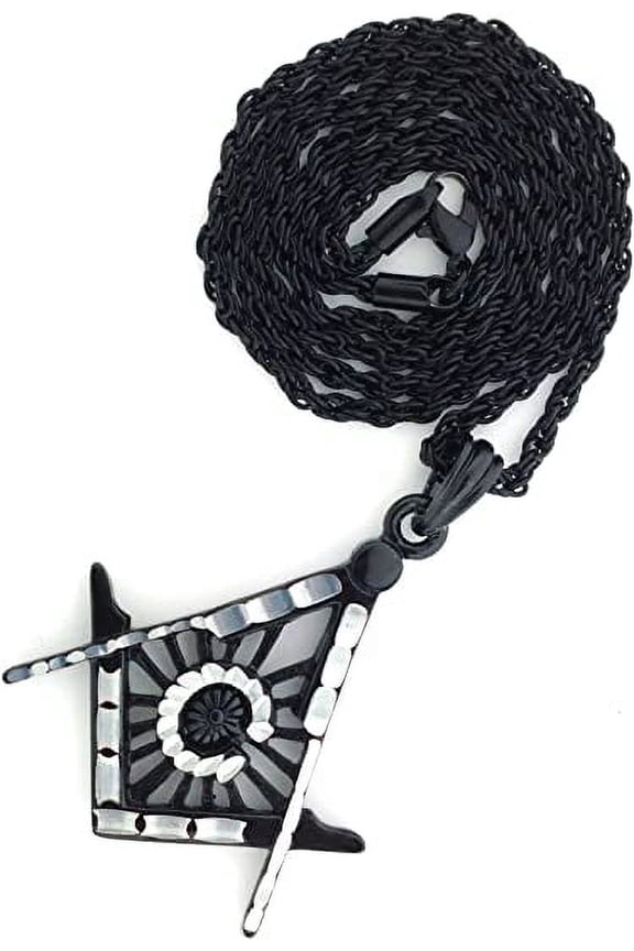 Ion Black Tone Brush Matt Finish Mason Masonic Pendant Necklace Free 24" Rope chain,