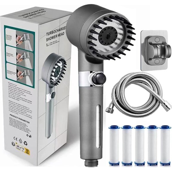 Ion Drop Shower Head with Handheld Filter, Multiple Spray Modes Turbo Charger, Built-in Filter On/Off Switch Handheld Turbine Shower Head (Gray)