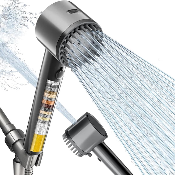 Ion Drops Filtered Shower Head with Handheld, High Pressure Spray Mode Showerhead with Filters, Built-in Power Wash for Hard Water - Remove Chlorine, Luxury Gray