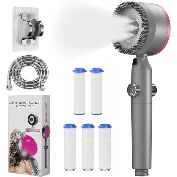 Handheld Filtered Shower Head with 59-Inch Hose, 4 Water Modes, 5 Filters, Wall Holder and Chlorine Removal, Grey