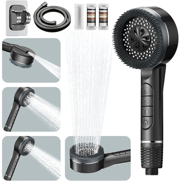 Ion Drops Shower Head – High Pressure Handheld Set with 4 Filters, 59" Hose & Bracket, 4 Spray Modes & Pause Switch, Gray