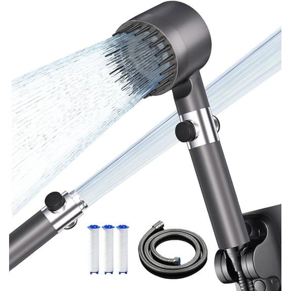 Ion Drops Showerhead with 60 Inch Hose and Shower Holder, 4 Spray Mode Filtered Showerhead with Water Filter for Hard Water, High Pressure Shower Head with Handheld to Clean Corner, Tub and Pets, Gr