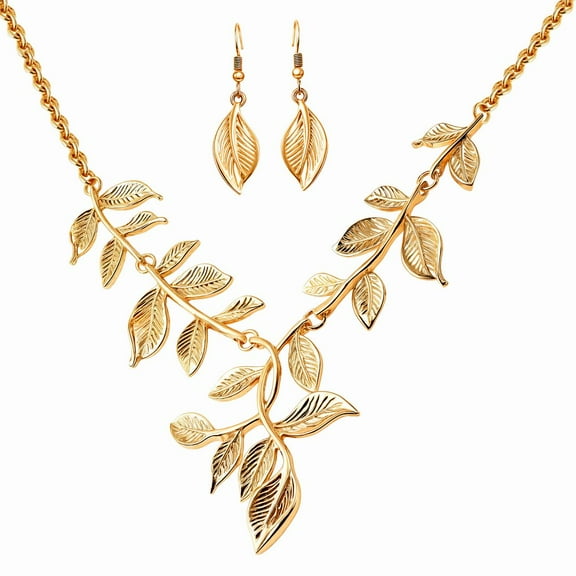 ION Plated Yellow Gold Necklace Set - Gold Leaf Necklace and Earrings Set - Floral Costume Jewelry for Women Valentines Day Birthday Christmas Gifts for Women - 20 Inches