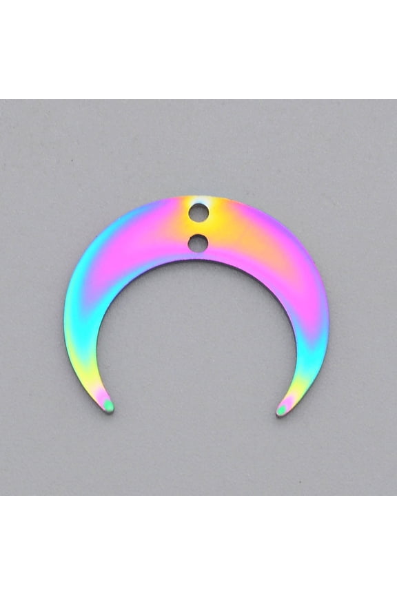 Ion Plating(IP) 201 Stainless Steel 2-Loop Link Pendants Laser Cut Crescent Rainbow Color 17x20x1mm Hole: 1.4mm