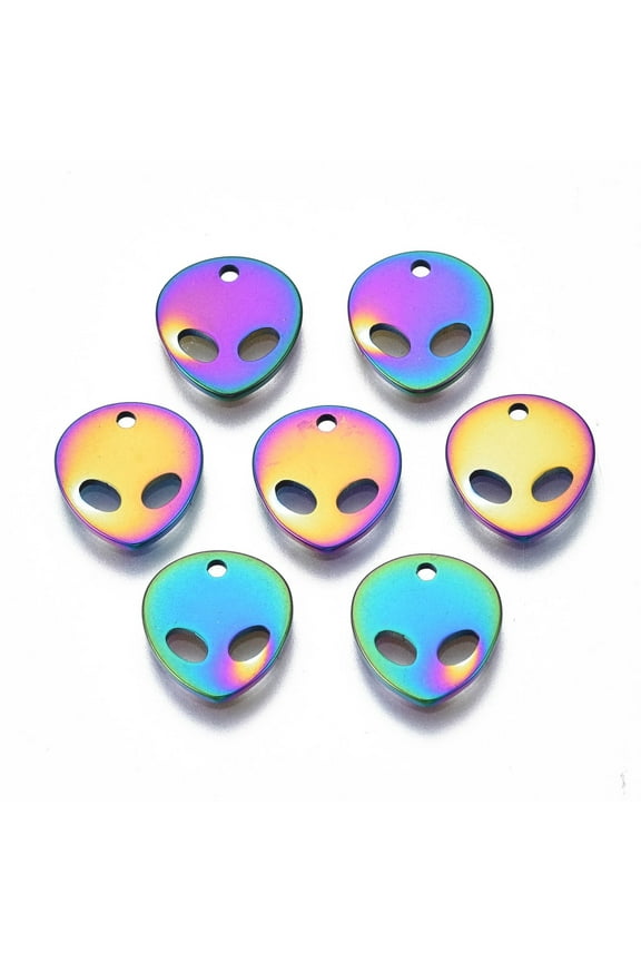 Ion Plating(IP) 201 Stainless Steel Charms Cadmium Free Nickel Free Lead Free Alien Rainbow color 10x9x1mm Hole: 1mm