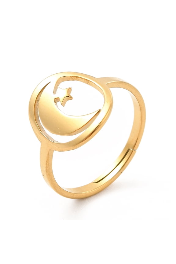 Ion Plating(IP) 201 Stainless Steel Moon & Star Adjustable Ring for Women Real 18K golden Plated Size 6 1/2(16.9mm)