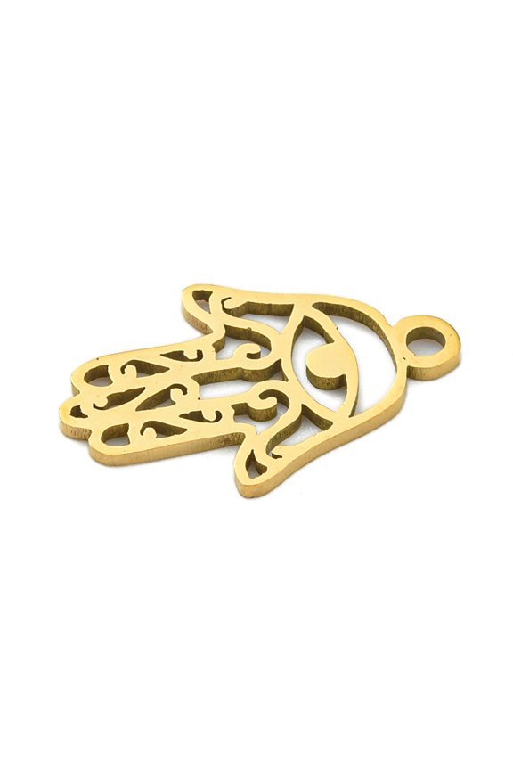 Ion Plating(IP) 201 Stainless Steel Pendants Hamsa Hand with Eye Charm Laser Cut Real 18K golden Plated 17x11x1mm Hole: 1.5mm