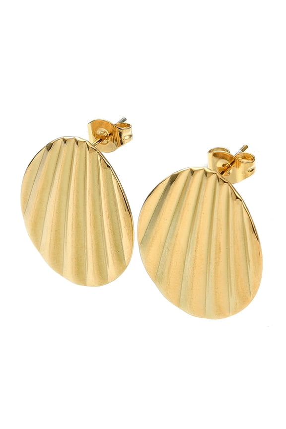 Ion Plating(IP) 201 Stainless Steel Stud Earrings with 304 Stainless Steel Pins Grooved Oval Real 18K Gold Plated 21.5x18.5mm