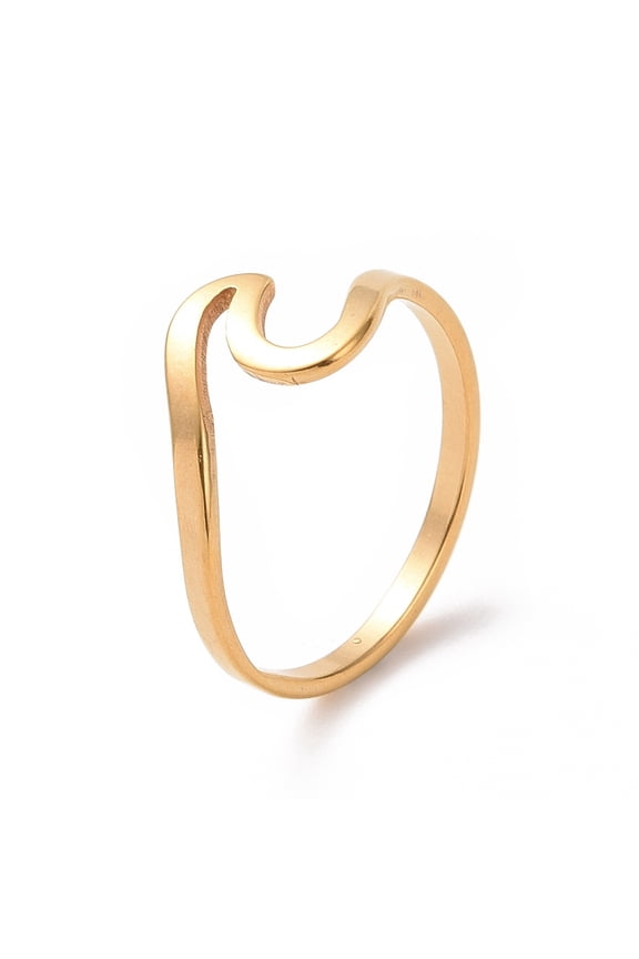 Ion Plating(IP) 201 Stainless Steel Wave Finger Ring for Women Golden Size 6 1/2(16.9mm)