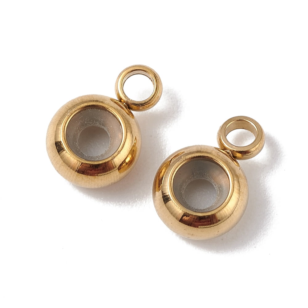 Ion Plating(IP) 202 Stainless Steel Tube Bails Loop Bails with Rubber Inside Rondelle Bail Beads Slider Beads with 304 Stainless Steel Loop Rings Golden 8.7x5.7x3.3mm Hole: 1.8mm and 2mm