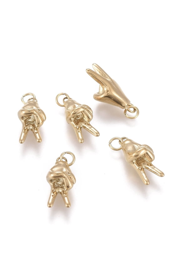 Ion Plating(IP) 304 Stainless Steel Charms Peace Hand Charms with Jump Rings Gesture Victory Golden 12.5x5.5x5mm Hole: 1.6mm
