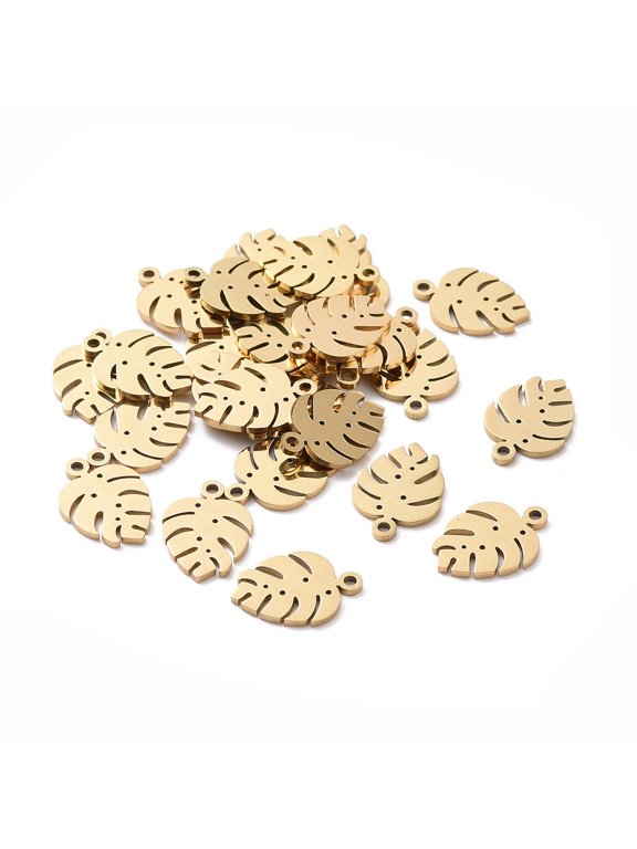 Ion Plating(IP) 304 Stainless Steel Charms Tropical Leaf Charms Monstera Leaf Golden 13x9x1mm Hole: 1mm