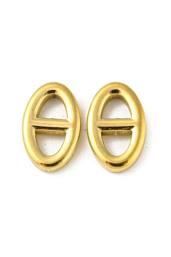 Ion Plating(IP) 304 Stainless Steel Connector Charms Oval Navy Mesh Charm Real 18K Gold Plated 9.5x15x2.5mm Hole: 4x4mm