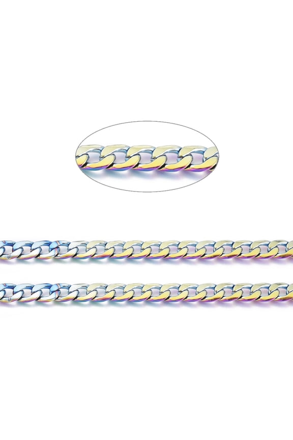 Ion Plating(IP) 304 Stainless Steel Cuban Link Chains Chunky Chains Unwelded with Spool Rainbow Color Link: 10x7x1.8mm