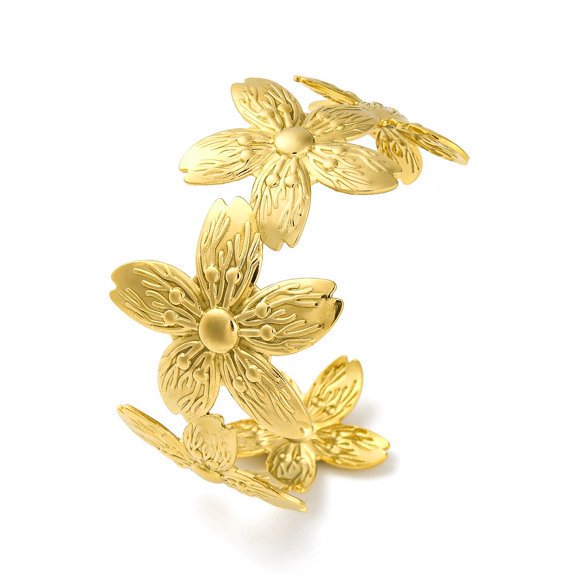 Ion Plating(IP) 304 Stainless Steel Cuff Bangles for Women Flower Real 18K golden Plated 1-1/2 inch(3.9cm) Inner Diameter: 2-3/8 inch(6cm)