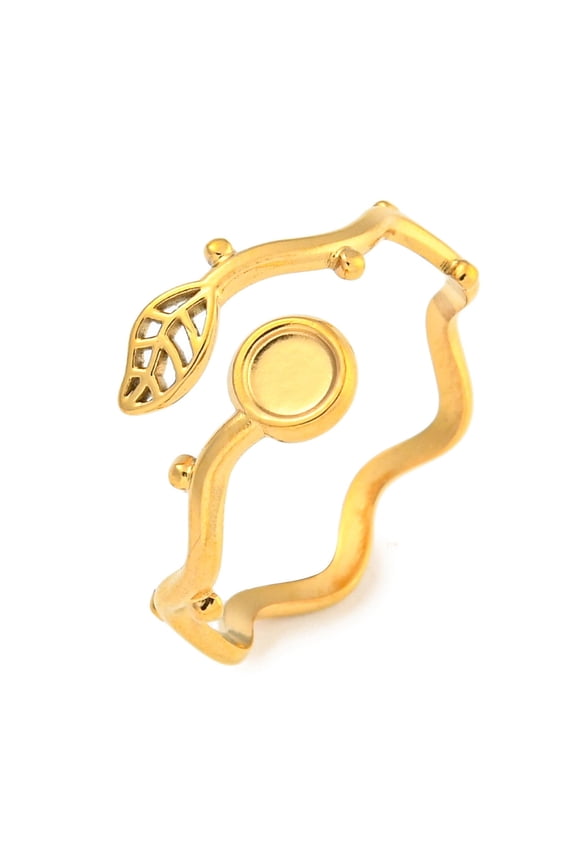 Ion Plating(IP) 304 Stainless Steel Cuff Finger Ring Components Bezel Cup Ring Settings Flat Round & Leaf Real 18K Gold Plated Tray: 3mm 11mm Inner Diameter: 17mm