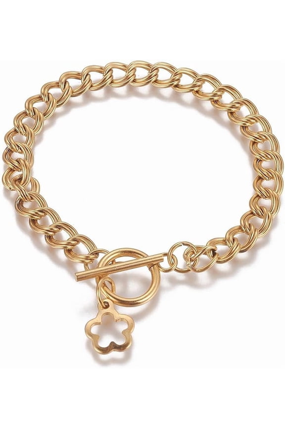 Ion Plating(IP) 304 Stainless Steel Curb Chain Bracelets with Toggle Clasp Golden 7-5/8 inch(19.3cm) links: 8x7x1mm