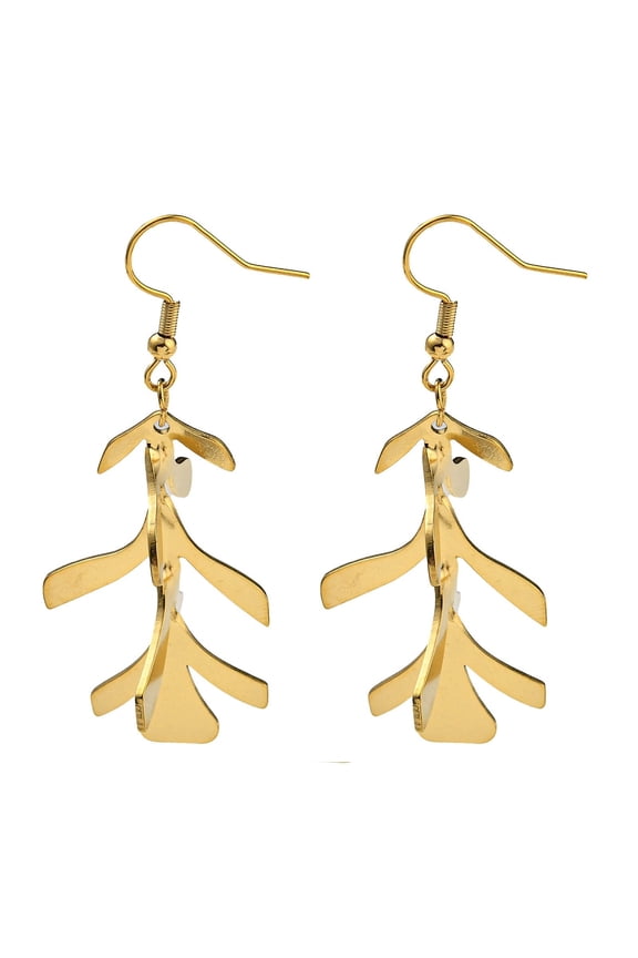 Ion Plating(IP) 304 Stainless Steel Earrings for Women Leaf Real 18K Gold Plated 60x24.5mm