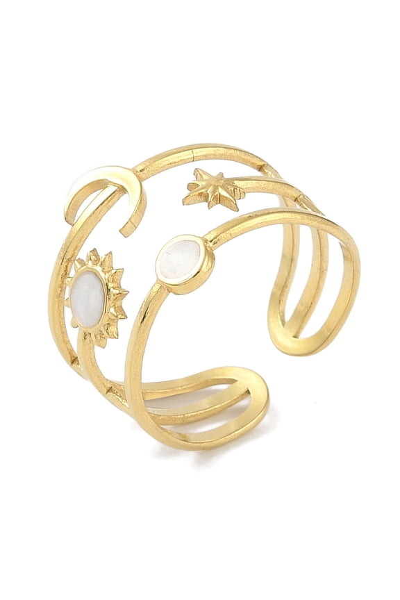 Ion Plating(IP) 304 Stainless Steel Enamel Cuff Finger Rings Moon Star Sun Wide Open Rings for Women Real 18K Gold Plated Adjustable 14.5mm
