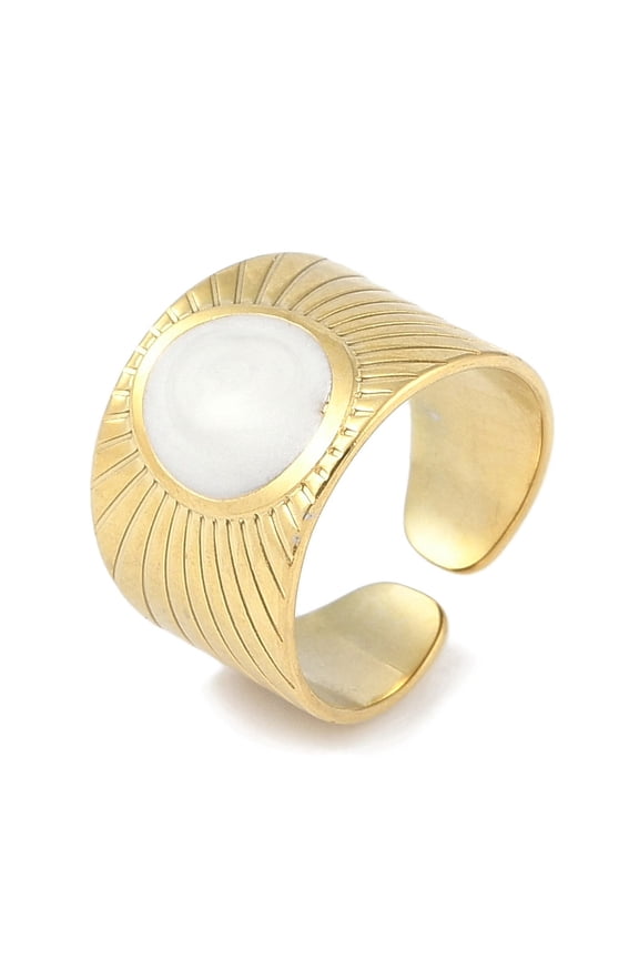 Ion Plating(IP) 304 Stainless Steel Enamel Oval Cuff Finger Rings Wide Band Open Rings for Women Real 18K Gold Plated 14mm