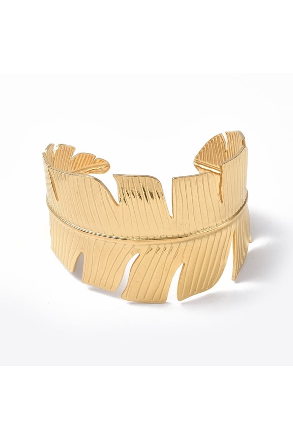 Ion Plating(IP) 304 Stainless Steel Feather Open Cuff Bangle for Women Real 18K Gold Plated Inner Diameter: 2-1/8x2-3/8 inch(5.35cmx6cm)