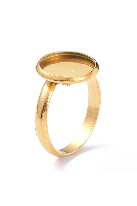 Ion Plating(IP) 304 Stainless Steel Finger Rings Components Pad Ring Base Findings Flat Round Real 18K Gold Plated Tray: 12mm 3mm