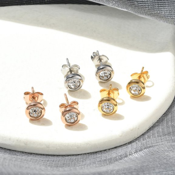 Ion Plating(IP) 304 Stainless Steel Flat Round Stud Earrings with Clear Cubic Zirconia Mixed color 6.5mm 12pcs/set