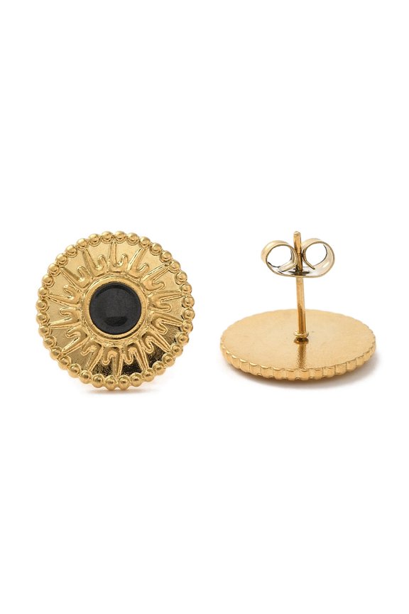 Ion Plating(IP) 304 Stainless Steel Flat Round Stud Earrings with Enamel Real 18K Gold Plated 15mm