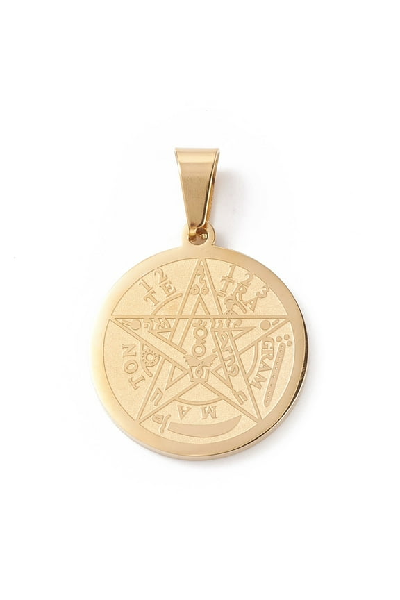 Ion Plating(IP) 304 Stainless Steel Flat Round Tetragrammaton Pentagram Wiccan Pendant Laser Cut Golden 27x24x2mm Hole: 9x5mm DIY
