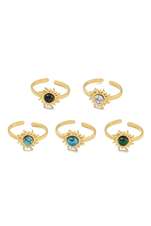 Ion Plating(IP) 304 Stainless Steel Gemstone Cuff Rings Sun Open Rings for Women Real 18K Gold Plated 11.5mm.