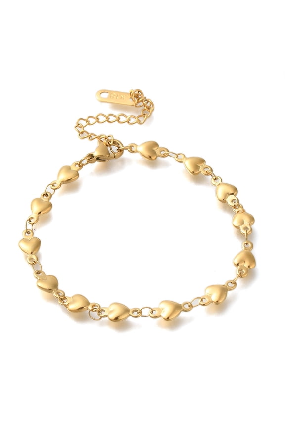 Ion Plating(IP) 304 Stainless Steel Heart Link Bracelets for Women Real 18K Gold Plated 6-1/2 inch(16.4cm)