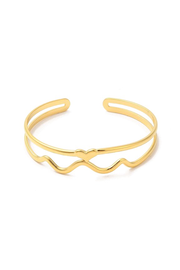 Ion Plating(IP) 304 Stainless Steel Heart Wave Cuff Bangles Jewelry for Women Real 18K golden Plated Inner Diameter: 2-1/8~2-1/4 inch(5.4~5.75cm)