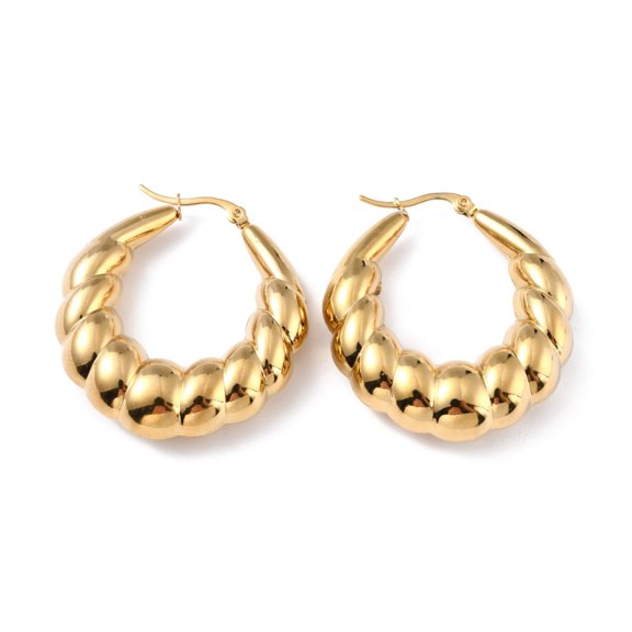 Ion Plating(IP) 304 Stainless Steel Hoop Earrings Croissant Earrings Hypoallergenic Earrings Textured Real 24K golden Plated 43x40x11.5mm Pin: 0.7x1mm