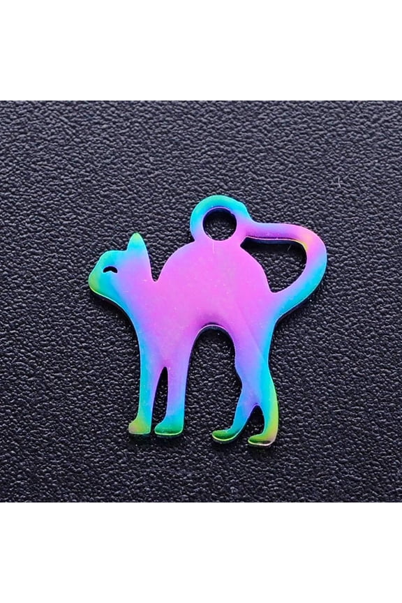Ion Plating(IP) 304 Stainless Steel Kitten Charms Cat with Arched Back Shape Rainbow Color 12.5x12x1mm Hole: 1.5mm