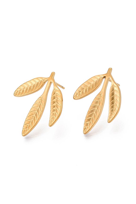 Ion Plating(IP) 304 Stainless Steel Leaf Stud Earrings for Women Real 18K Gold Plated 23x18mm Pin: 0.7mm