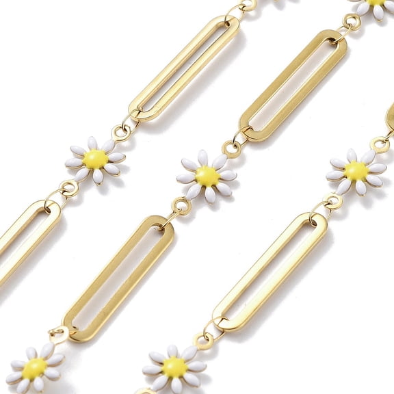 Ion Plating(IP) 304 Stainless Steel Link Chains with Resin & Enamel & Spool Unwelded Real 18K Gold Plated Flower White 13x7.5x2mm about 32.81 Feet(10m)/Roll