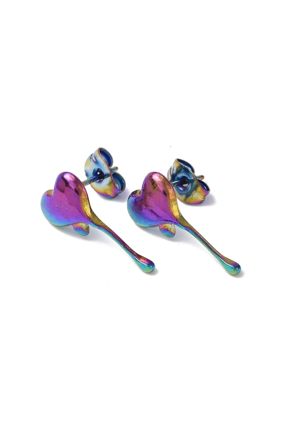 Ion Plating(IP) 304 Stainless Steel Melting Heart Stud Earrings for Women Rainbow color 18x9mm Pin: 0.7mm