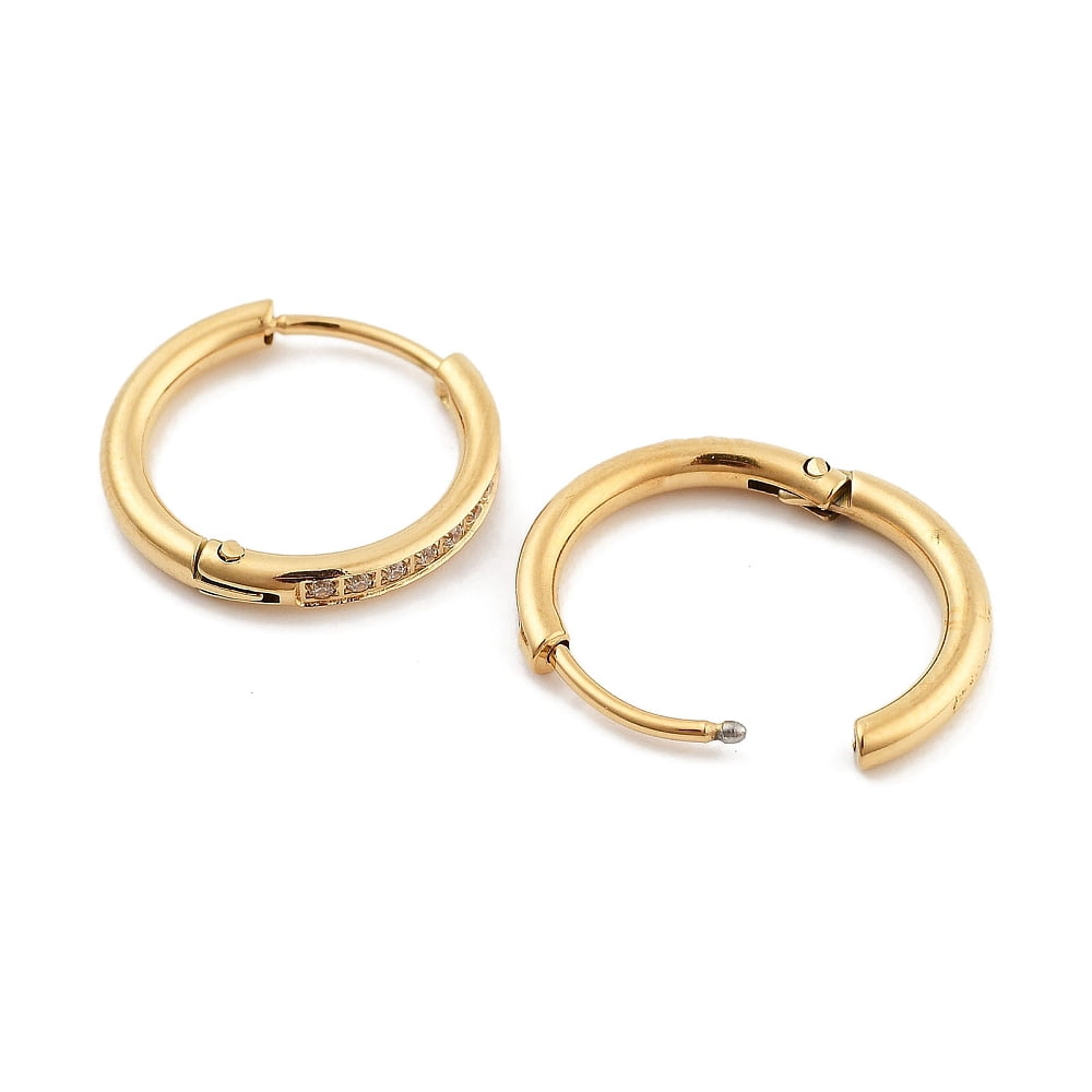 Ion Plating(IP) 304 Stainless Steel Micro Pave Clear Cubic Zirconia Huggie Hoop Earrings for Women with 316 Surgical Stainless Steel Ear Pins Golden 2x17~17.5mm