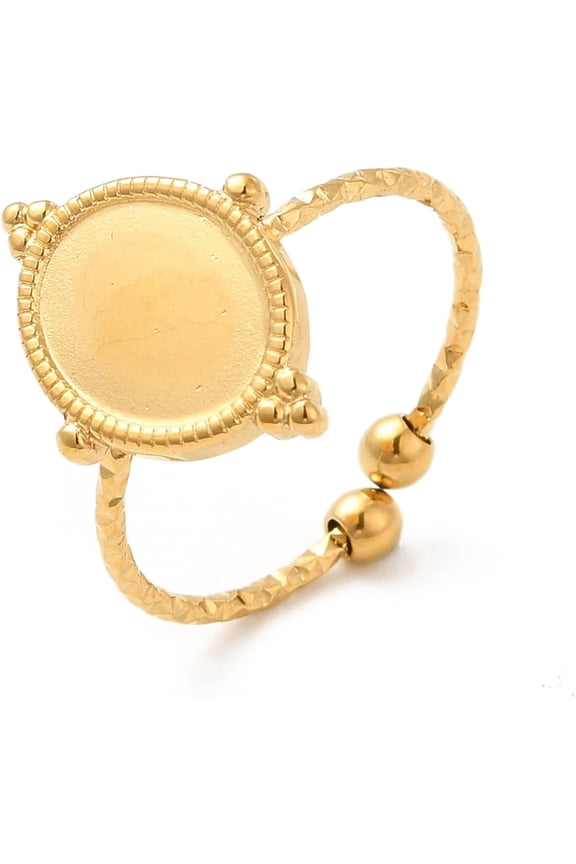 Ion Plating(IP) 304 Stainless Steel Open Cuff Ring Findings Ring Setting Oval Real 18K golden Plated US Size 7 3/4(17.9mm) Tray: 10x8mm