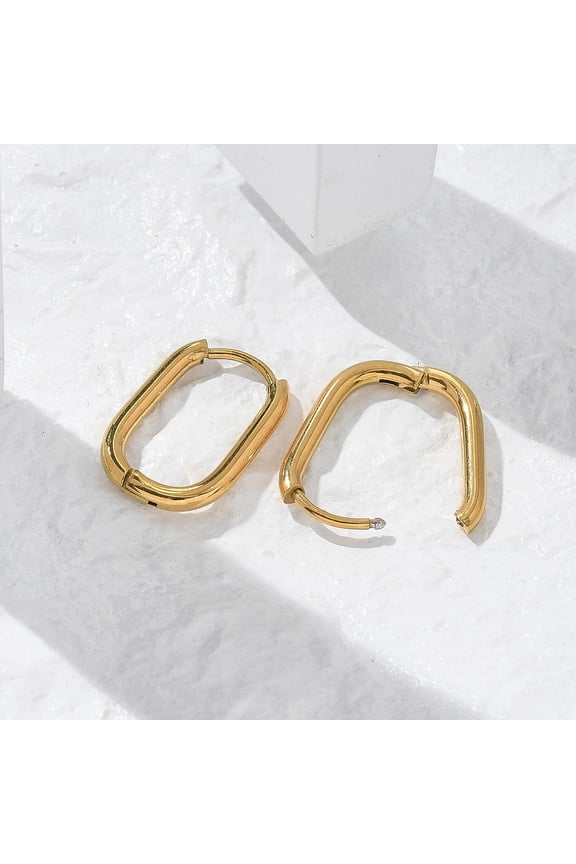 Ion Plating(IP) 304 Stainless Steel Oval Hoop Earrings Real 18K Gold Plated 16.5x11.5~12.5x2mm Pin: 1mm